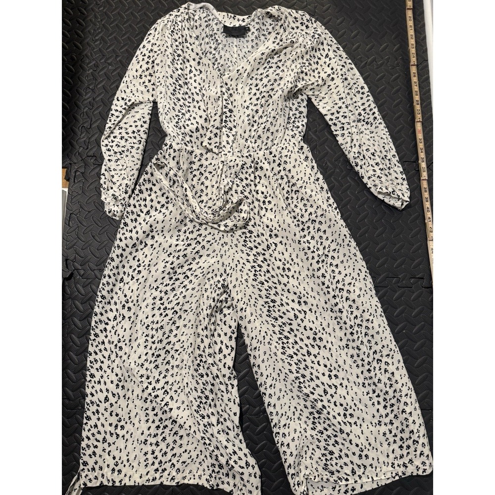 100% Silk Dress Sz L Faux Wrap Jumpsuit Leopard Wide Leg Quiet Luxury Dalmatian